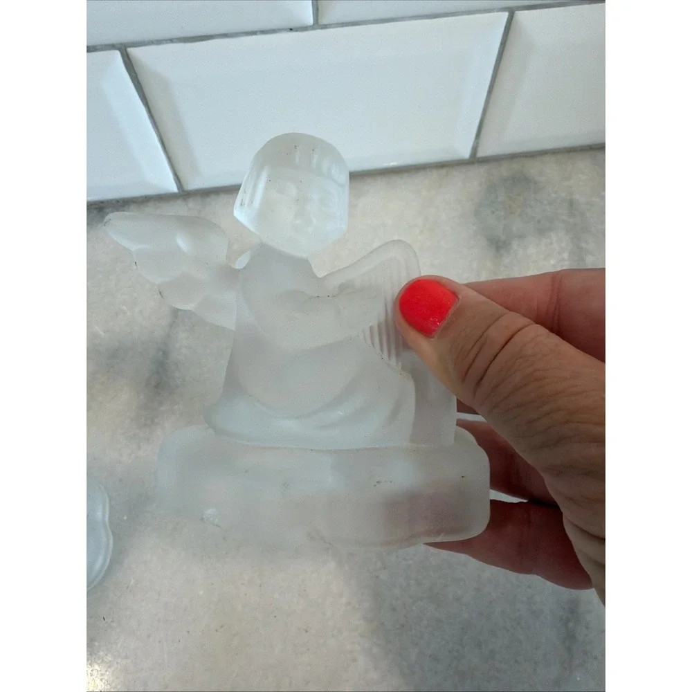 Set Of 2 Vintage 1995 MJ Hummel Frosted Crystal Glass Candle Holder Angel Avon 2